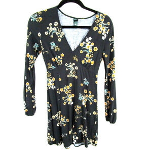 Wild Fable Black Floral Long Balloon Sleeve V Neck Knee Length Casual Dress XS
